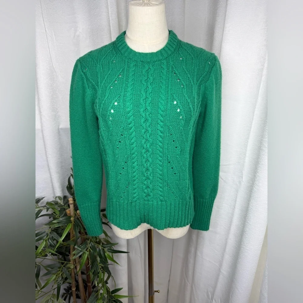 J. Crew Women’s Green Ribbed Crew Neck Cable Knit Sweater Sz Small - Picture 2 of 11